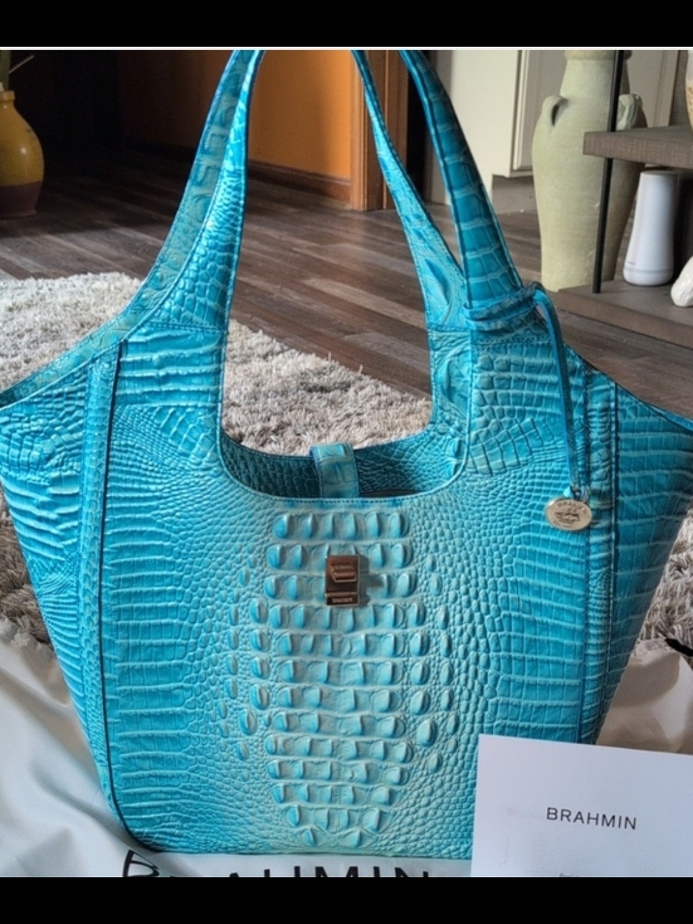 Brahmin Turquoise Croc-Embossed Tote